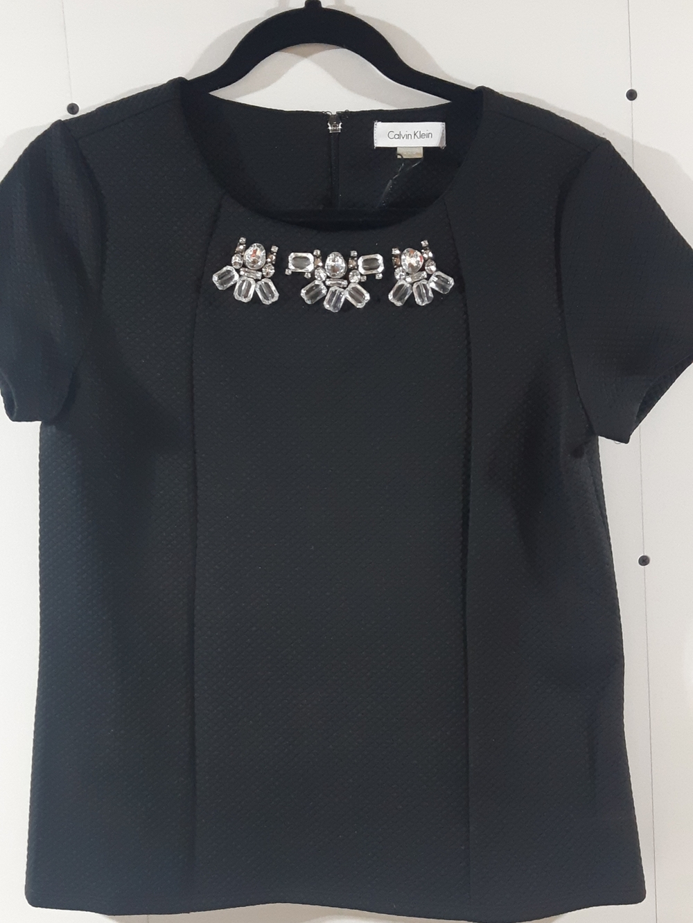 NWT Calvin Klein Black Short Sleeve Peblem Style Classy Top with Jewel Neckline
